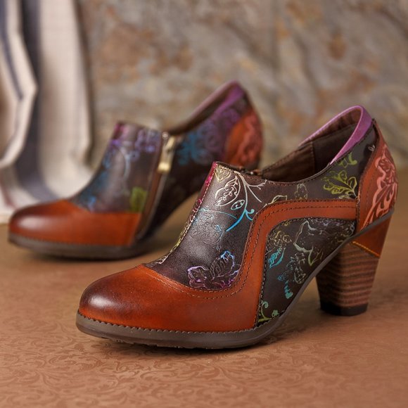 SOCOFY Flowers Leather Stitching Zipper Pumps - Picture 2 of 8